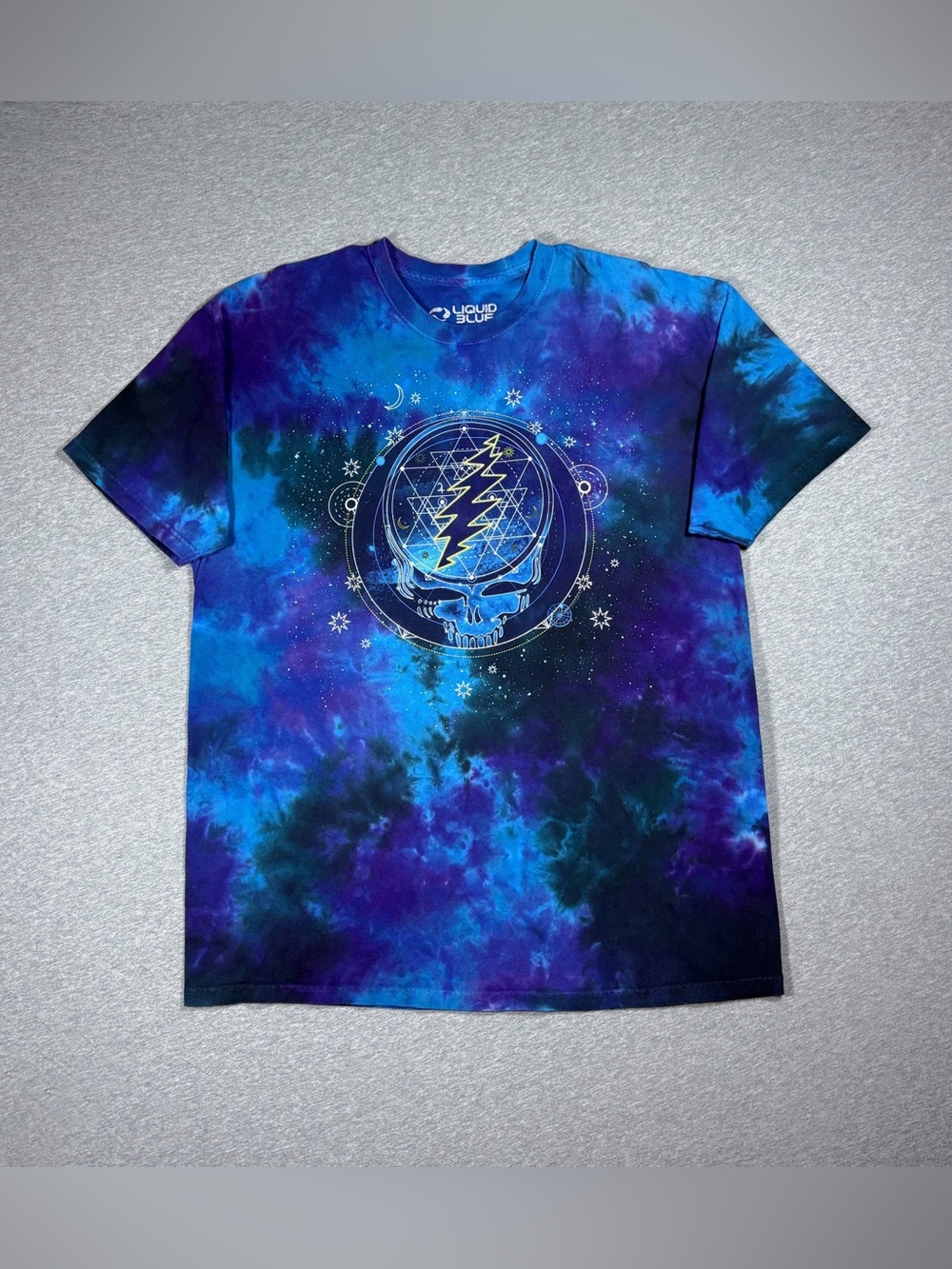 Grateful Dead T-shirt Liquid Blue Mens 2XL Tie Dye Skull Lightning Hippie Y2K
